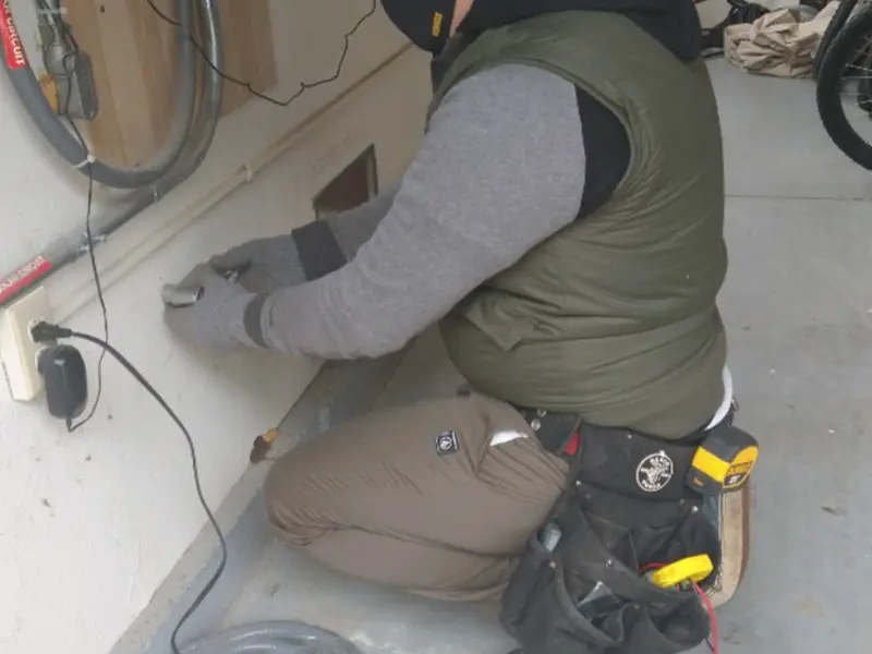 Electrician performing outlet wiring in a New Britain garage